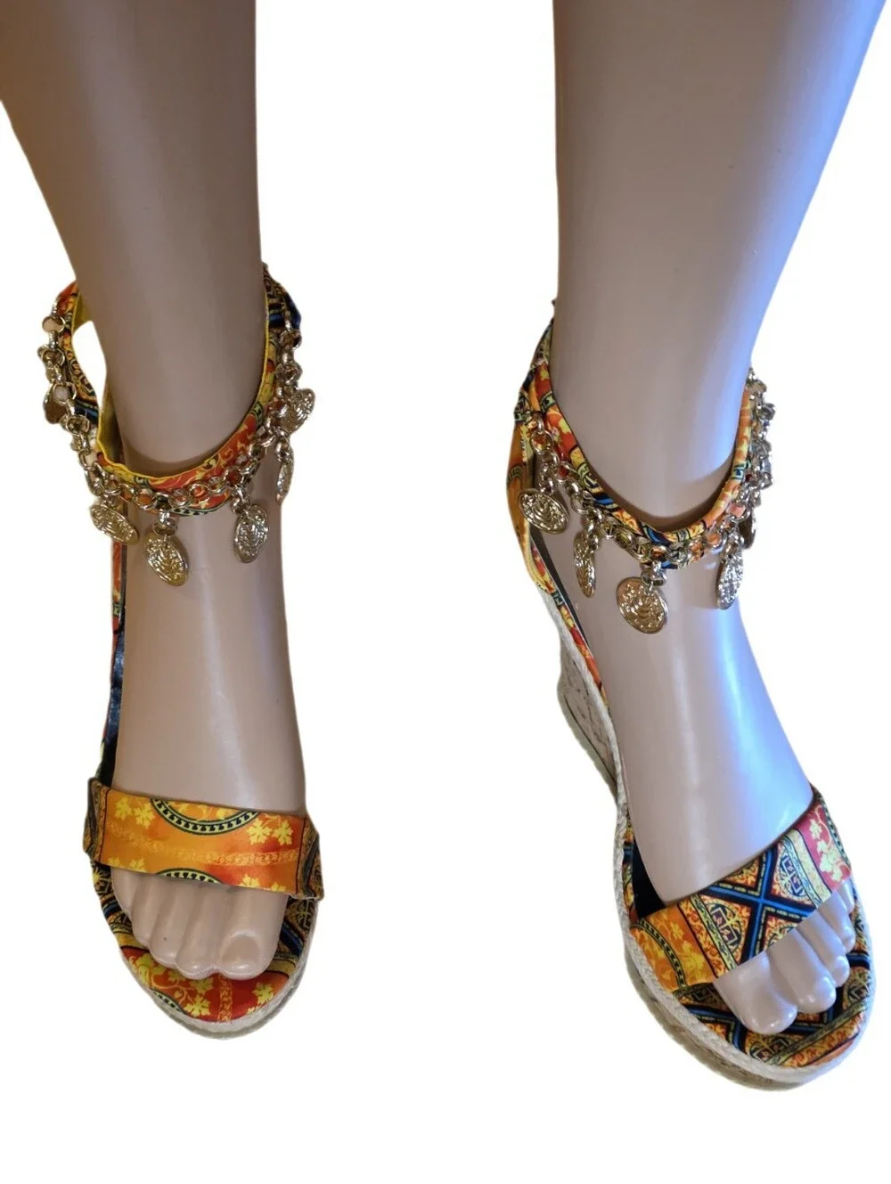 Echo Bohemian Resort Festival Coin Embellished Cork Wedge Sandals 8.5